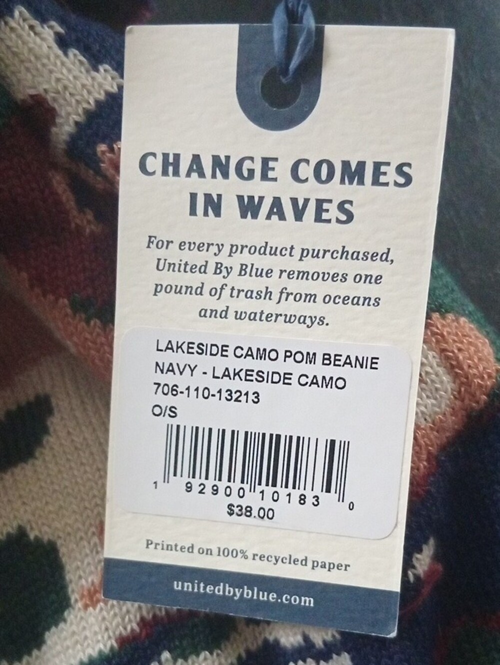 United By Blue Camo Pom Beanie in Navy, Green & Tan - Picture 2 of 5